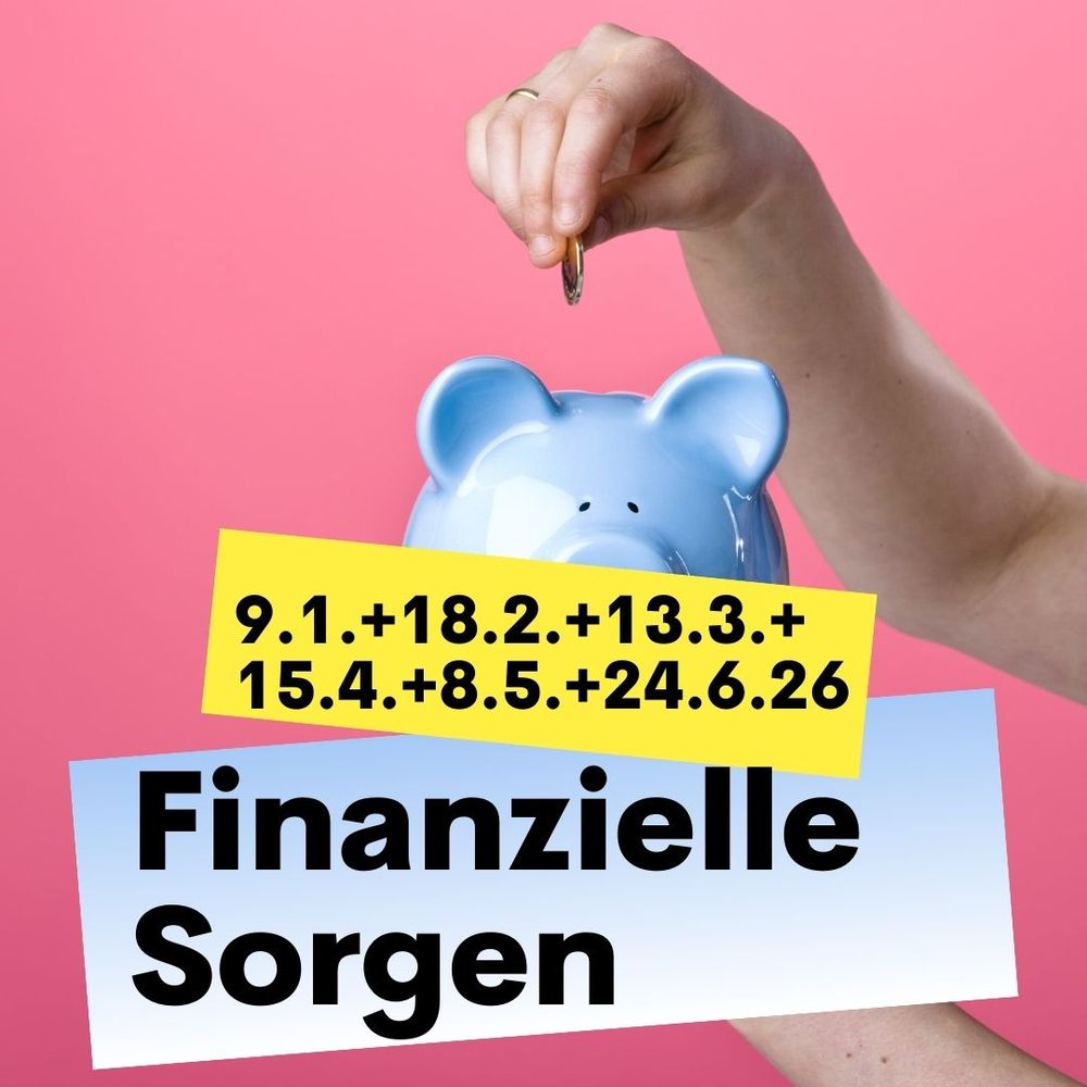 Finanzielle Sorgen
Im Hintergrund ein Arm, der eine Münze in ein Sparschwein steckt